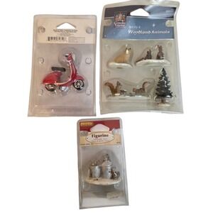 Lot of 3 Cristmas Town Miniatures: Lemax & Carole Town: Moped, Animals, Raccoons